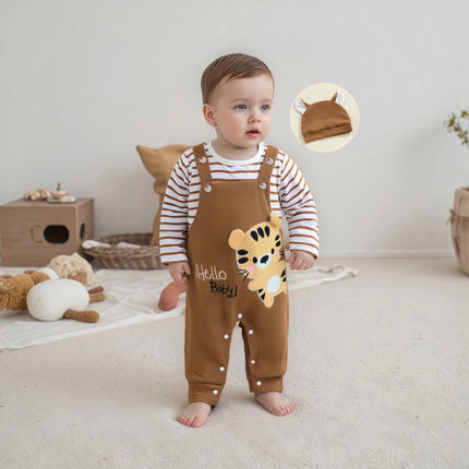 Pudcoco Baby Boy's Clothing Sets Fashionable Long Sleeve Striped Romper with Tiger Embroidered Overalls and Hat 3Pcs Outfits