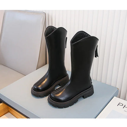 Children Knee Length Boots New 2025 Autumn Student Girls Princess Boots Kids Zipper Comfortable Non Slip Solid Color Long Boots