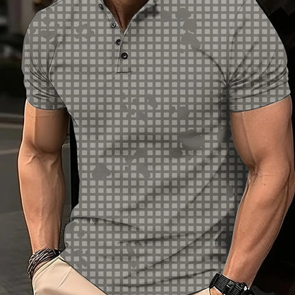 Men's 3D Digital Printed Plaid Casual Short Sleeved Buckle T-shirt Polo Shirt Top