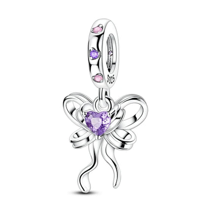 925 Sterling Silver Inlaid Heart-Shaped Beads & Rose Dangle Charm Fits Snake Bracelet Boutique Necklace Purple Pendant Gift