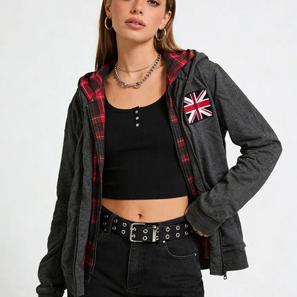Retro flag print zipper double-layer cardigan hip-hop Harajuku classic style washed gray loose Y2k street trend men's and women'