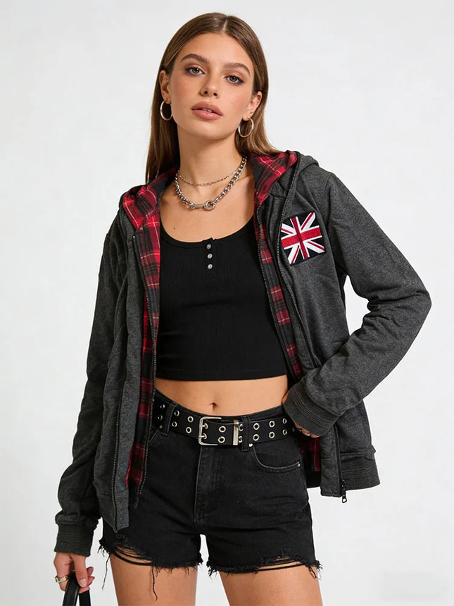 Retro flag print zipper double-layer cardigan hip-hop Harajuku classic style washed gray loose Y2k street trend men's and women'