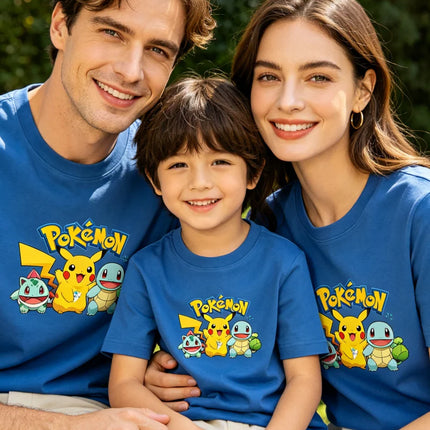 2026 Summer Pokemon Pikachu & Squirtle Family Matching T-Shirts, 100% Cotton Parent-Child Tops for Outdoor Play & Travel Y2k