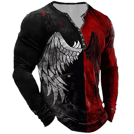 Men's Vintage T-shirt, Cotton Imitation T-shirt, Geometric Lines Print, Henley Long-sleeved T-shirt, Top, Men's T-shirt, Casual