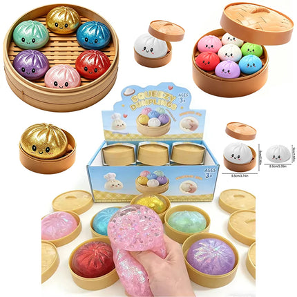 Realistic Colorful Dumpling Squishies with Bamboo Steamer, Ultra Soft and Quick Rebound, Stress Relief Toy, Venting Device