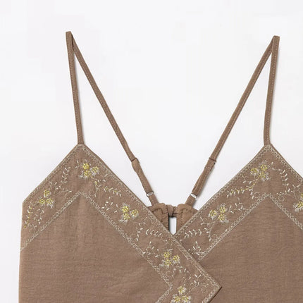 HH Women's Summer Sexy Sling Tops Light Brown V-Neck Sleeveless Embroidery Lace-Up Decoration Fashion Short Tops