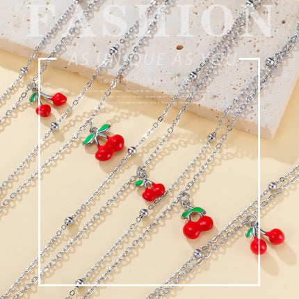 Teamer Enamel Cherry Charm Bracelet For Woman Gold Color Stainless Steel Double Bead Chain Fashion Birthday Friend Jewelry Gift