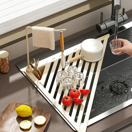 Foldable Drain Rack Kitchen Sink Organizer with  Towel Bar  Adjustable Over Sink Drainer for Dishes, Glasses, Pots & Pans