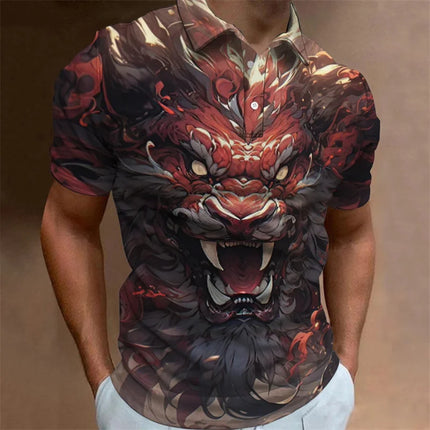 Dragon Pattern Polo Shirt For Men Animal 3D Printed T-Shirts Outdoor Fashion Casual Loose Oversized Street Lapel Top Button Tees