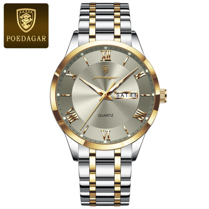 POEDAGAR Luxury Man Clock Waterproof Luminous Week Date Fashion Men's Wristwatch Stainless Steel Business Quartz Watches For Men