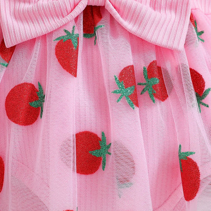 Baby girl autumn princess chiffon skirt strawberry print flying sleeves big bow design for birthday party wear