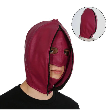 Leather Mask Full Face Double Layer Headgear Zip Head Hood Adjustable Lace-up Leather Bondage Masks Halloween Cosplay Party Mask