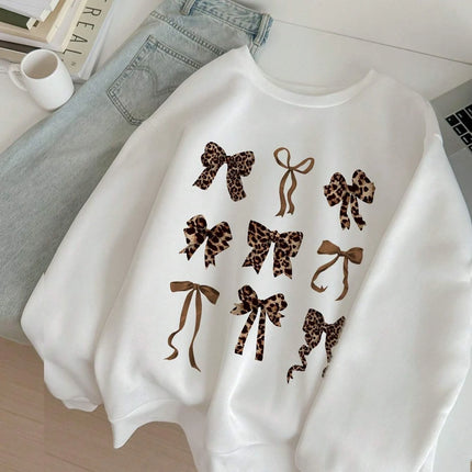 Retro Leopard Print Bow Printed Women Hoodies All-Match Fleece Casual Clothes Street Pullover Winter Autumn Woman Clothing