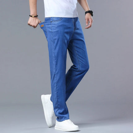 Lyocell Jeans Summer Ultra-Thin Elastic Straight Men's Denim Pants Fashion Korean Soft Drape Cool Business Casual Trousers