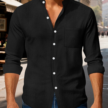 Autumn men's clothing 2025 new item men's solid color cotton and linen shirt stand up collar cardigan long sleeved casual busine