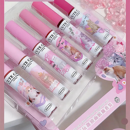 Cute Cat Fun Mirror Lip Glaze Set 6 Colors Highly Pigmented Lip Stain Hydrating Glossy Lip Makeup Perfect Gift