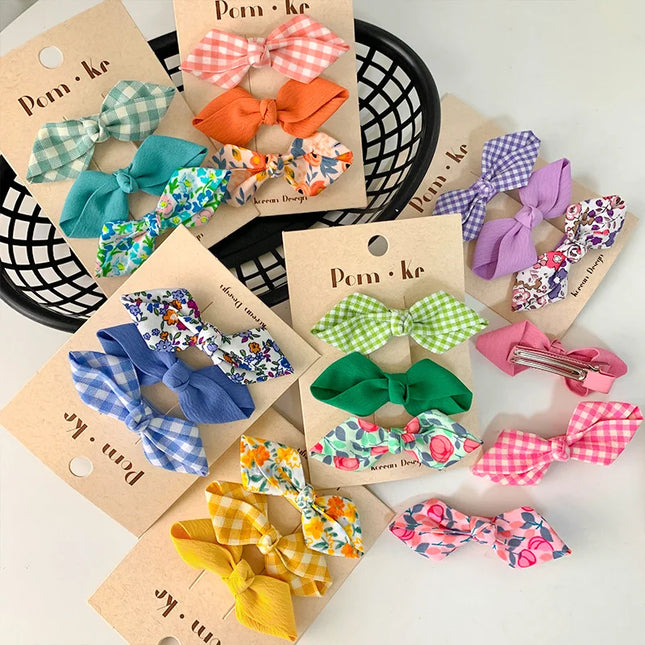 3 Pcs/Lot Bows Hairpin Set for Baby Girls Cute Floral Hair Clips Plaid Bangs Clip Korean Hair Accessories Sweet Kids Headdress