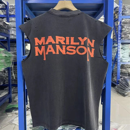 Summer Rock Manson Pattern Print Vintage American High Street Casual Loose Cotton Washed Tank Top Trendy Hip Hop Men Vest