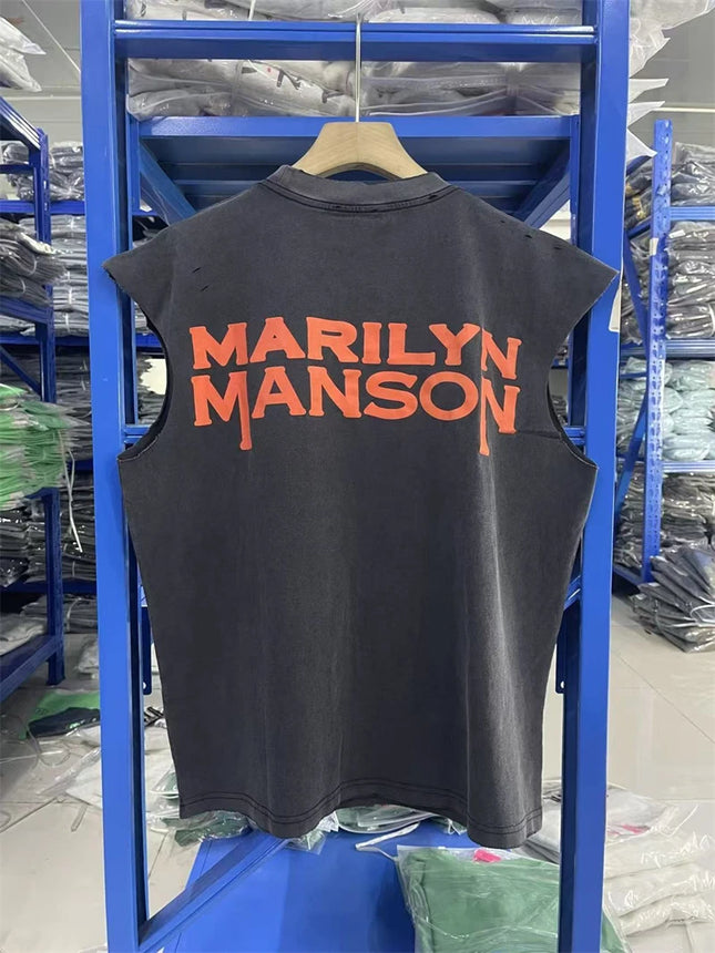 Summer Rock Manson Pattern Print Vintage American High Street Casual Loose Cotton Washed Tank Top Trendy Hip Hop Men Vest