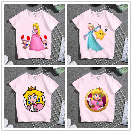 2026 New Cartoon Mario Princess Children's Clothing T-Shirt - Summer Boys and Girls Short-Sleeved Pink Family Set Student Shirt