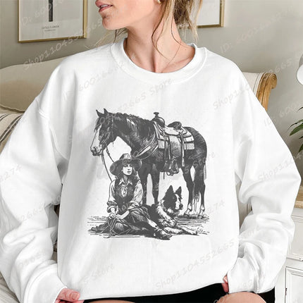 Women Oversized Sweatshirt, Cowgirls Horse & Dog Print Crew Neck Sweatshirts Casual Long Sleeve Plus Size Hoodless Pullovers
