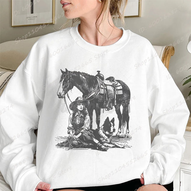 Women Oversized Sweatshirt, Cowgirls Horse & Dog Print Crew Neck Sweatshirts Casual Long Sleeve Plus Size Hoodless Pullovers