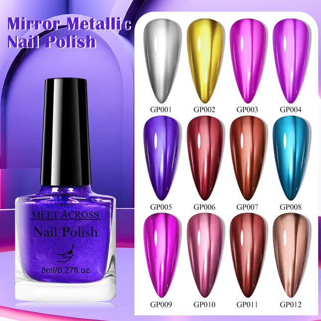 MEET ACROSS 8ml Glass Bottle Metallic Nail Polish Super Silver Gold Mirror Effect Nail Art Polish DIY Manicure Without Lamp