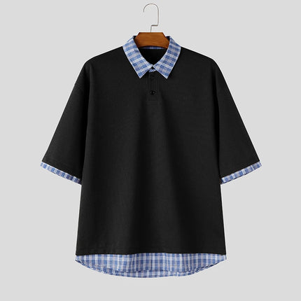 INCERUN Men's Shirt Plaid Patchwork Lapel Short Sleeve Casual Men Clothes Summer Streetwear Loose Korean Style Shirts For Man