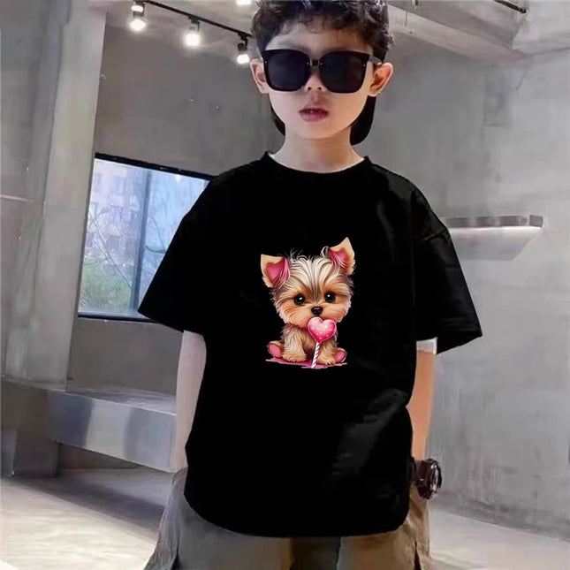 Yorkshire Terrier Martial Arts Print Summer Short Sleeve Children Age 3-12 Girls boy Set black Tshirt+Shorts 2pcs Kids Set
