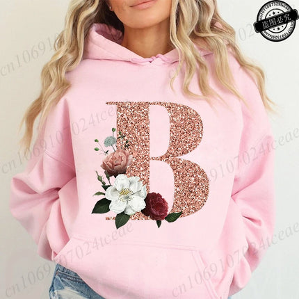 Rose Gold Letter A~Z Printed Women's Sweatshirts Hoodie Fashion Women Hooded Hoodies Casual Harajuku Streetwear Pink Clothing