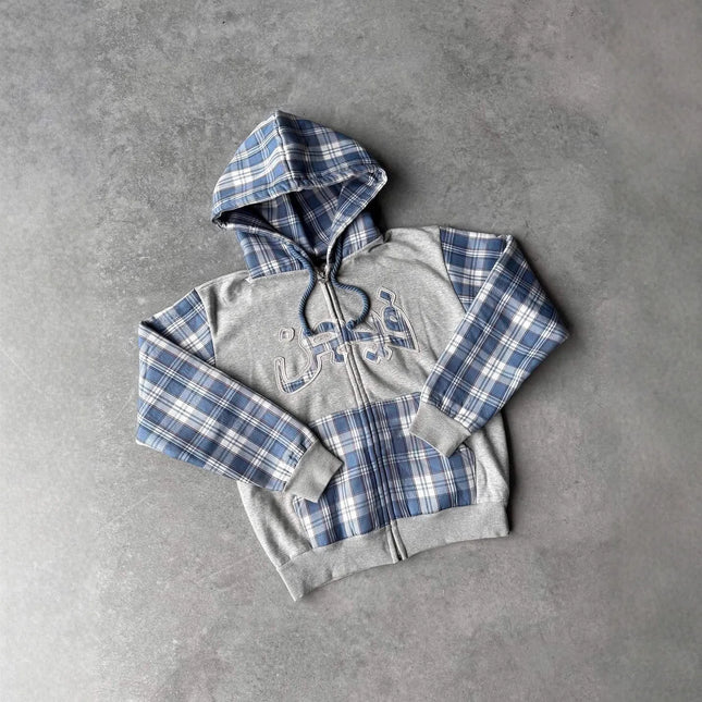 Street Trendy Harajuku Versatile Retro Ins Color blocked Autumn/Winter New Hooded Zipper Hoodie Fashion Y2k Clothing