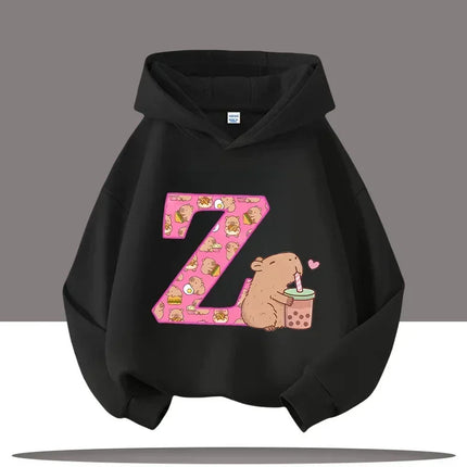 A-Z Kapibara cartoon printed children's hoodie, suitable for autumn outdoor casual tops for boys and girls, with hooded pullover