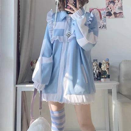 Women clothing Y2K Sweet stitch Subculture Patchwork Hoodies Women's Autumn Winter Ruffled Hoodie with Fleece Loose Zipper shirt