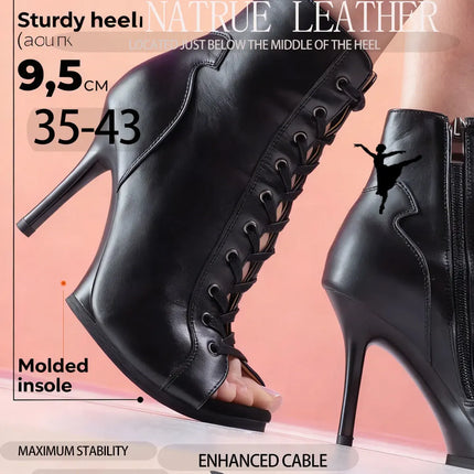 Women Heels Lace-up Black Apricot Boot Stilettos Jazz Dance Lady Shoes For Latin Dancing Outdoor Sexy Stilettos Natural Leather