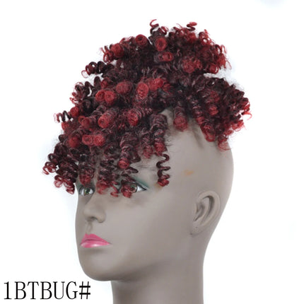 Afro Puff Updo Hair with Bangs Drawstring Ponytail Black Kinky Curly Ponytail Bun with Bangs Synthetic Hairpiece For Women