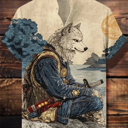 Men's Fashionable Stand up Collar Whale Pattern Retro Short Sleeve Button up Shirt High-Quality Streetwear New 2025