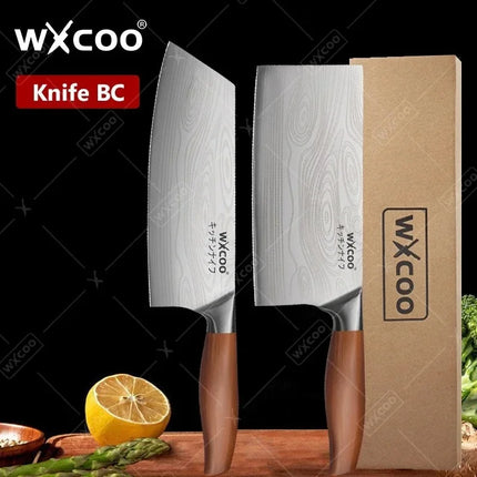 WXCOO Stainless Steel Chef Knife Household Kitchen Knife Laser Damascus Pattern Slicing Scissors Cleaver Fruit Knife Holder