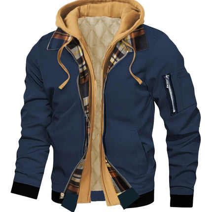 Spring Autumn Men's Hooded jacket, Fake 2-piece Design, Checkered Lining, Multiple Pockets, Warm and Casual, Suitable For Flying