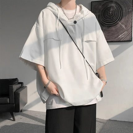 2026 Summer Men Hooded Shirt Korean Half Sleeve Pullover Streetwear Hip Hop Loose Shirt Tops Drawstring Men Clothing M-5XL