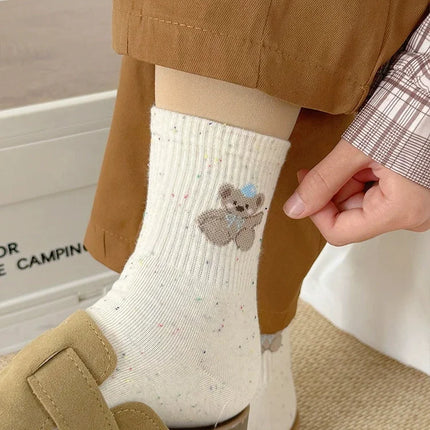 5 Pairs Women's Half Socks Bear Puppy Pattern Cotton Color Solid Dot Yarn Design Skin-friendly Soft Cozy Casual Female Lady Sock