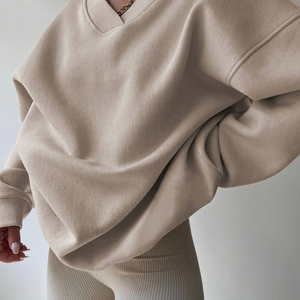 Cozy Women's Solid Color Pullover Sweatshirt, Long Sleeve V Neck Casual Wear for Fall & Winter Seasons