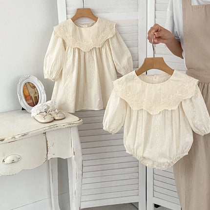 2026 Spring Princess Infant Baby Girl Bodysuit Sisters Dress Flower Embroidery Dress For Infant Sibling Girls Toddler Outfit
