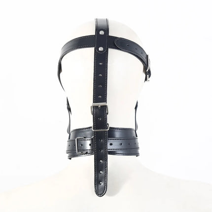 Adult Sex Products Reinforced Harness Type Gag Mask with Collar and Facial Mask Open Mouth Bondage Restraint Leather Hood