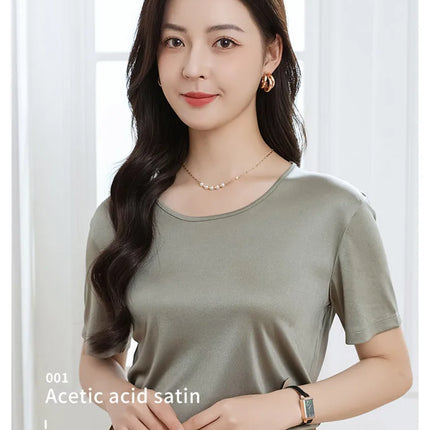 Summer High-End Women's Short Sleeve T-Shirt Acetate Fabric Knitted European Style Thin Hot Selling Top for Ladies