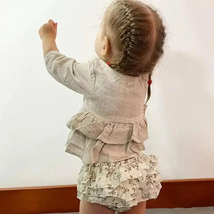 Toddler Cotton Linen Ruffle Tops + Tutu Bloomers Shorts 2pcs Outfits Spring Baby Girl Clothes Sets Princess Girl Outfits 0-3T