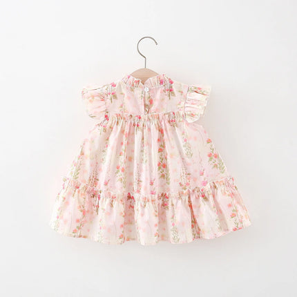 Summer Floral Print Lace Flutter Sleeve Layered Baby Girl Princess Dress Cute Flower Girl Dress With Bag