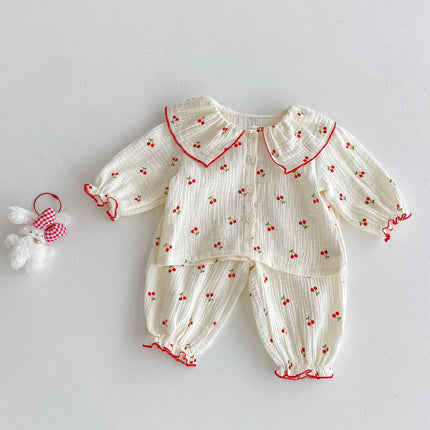 Little Cherry, a full-print long-sleeved set with a large lapel, sweet and casual long pants