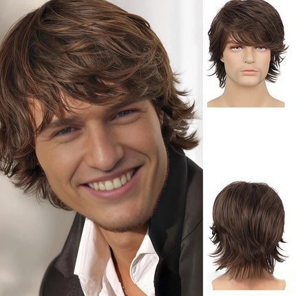 Brown Layered Wolf Cut Wig for Men, Natural Synthetic Hair with Textured Fringe for Daily and Cosplay Looks
