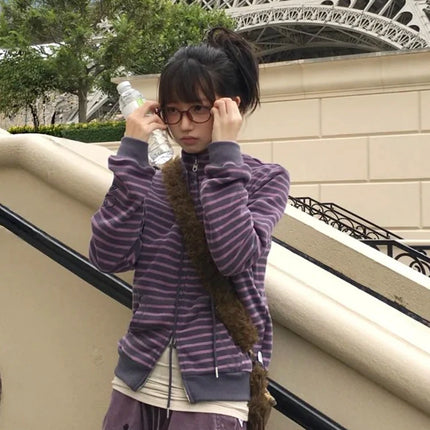 Tonngirls Y2k Japanese Sweatshirts Women Long Sleeve Striped Stand Collar Sweatshirt High Street Graphic Winter Coats E-girls