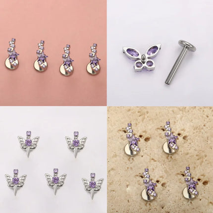 F136 Titanium Alloy Fashion Purple Zirconia Stud Earring Set with Cartilage Piercing Lip Stud and Ear Lobe Body Piercing Jewelry